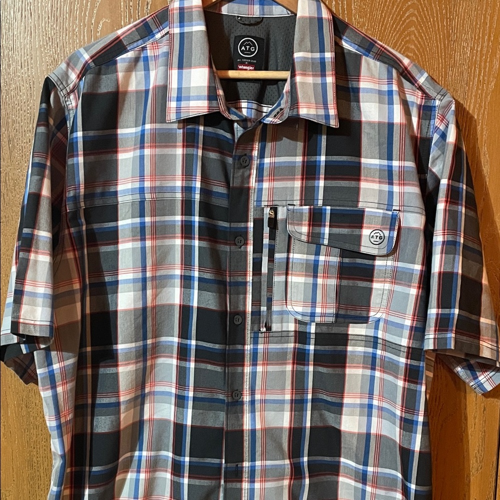 Wrangler ATG Men's Blue and Red Plaid Button Down Shirt